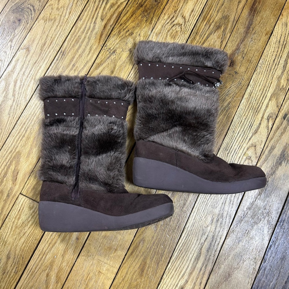 Y2K‎ Limited Too Brown Faux Fur Wedge Boots Rhinestone Zip Up Size Unknown